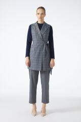 Ekose Desenli İndigo Üçlü Kombin Takım TK-1050