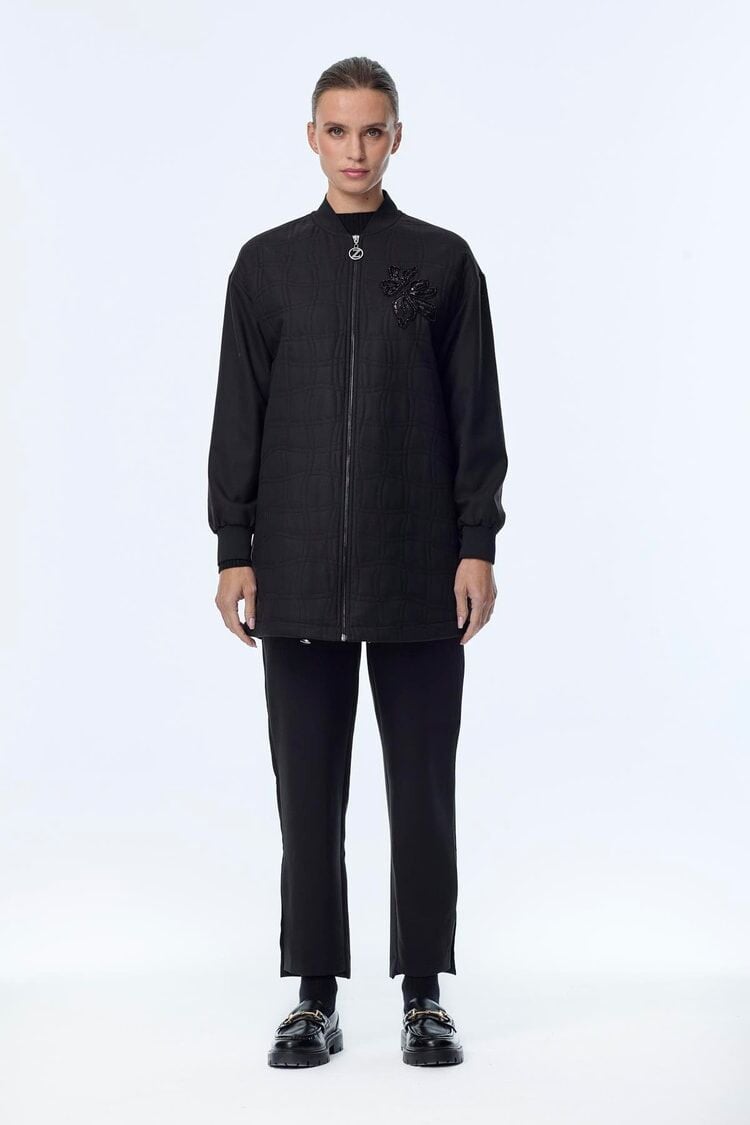 Kapitone Desenli Fermuarlı Siyah Ceket C-0150