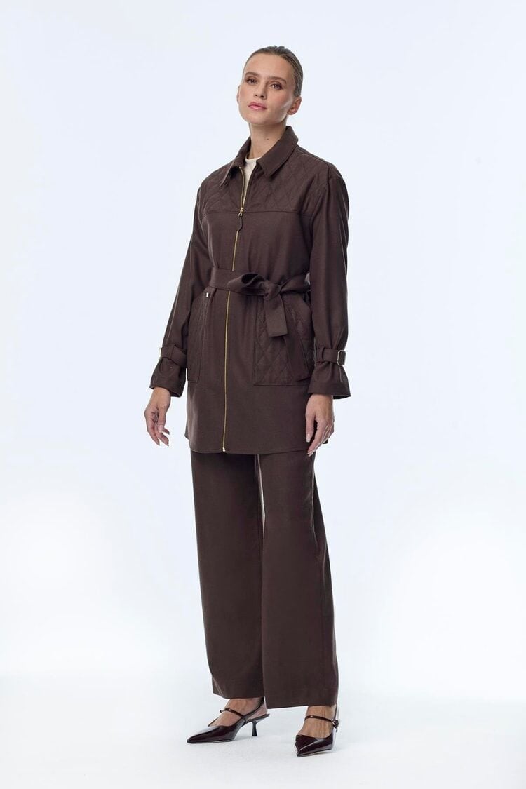 Fermuar ve Kuşak Detaylı Ceket Pantolon İkili Kahve Takım TK-1634