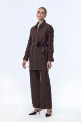 Fermuar ve Kuşak Detaylı Ceket Pantolon İkili Kahve Takım TK-1634