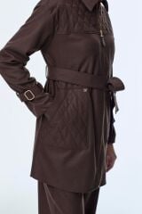 Fermuar ve Kuşak Detaylı Ceket Pantolon İkili Kahve Takım TK-1634