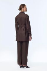 Fermuar ve Kuşak Detaylı Ceket Pantolon İkili Kahve Takım TK-1634