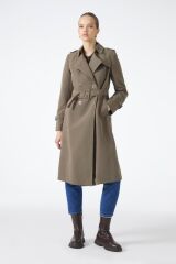 Kruvaze Yaka Beli Kuşaklı Uzun Haki Trençkot 12528