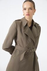 Kruvaze Yaka Beli Kuşaklı Uzun Haki Trençkot 12528