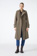 Kruvaze Yaka Beli Kuşaklı Uzun Haki Trençkot 12528