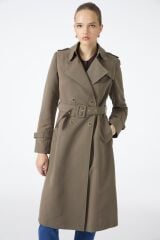 Kruvaze Yaka Beli Kuşaklı Uzun Haki Trençkot 12528