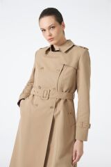Kruvaze Yaka Beli Kuşaklı Uzun Camel Trençkot 12528