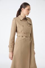 Kruvaze Yaka Beli Kuşaklı Uzun Camel Trençkot 12528