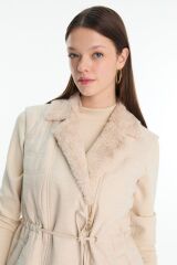 Peluş Yaka Bağcık Detaylı Üçlü Kombin Vanilya Takım TK-1655