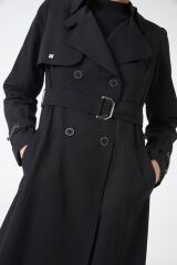 Zincir ve Kemer Detaylı Siyah Trençkot 12615