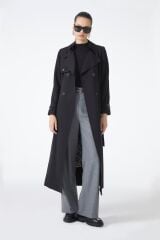 Zincir ve Kemer Detaylı Siyah Trençkot 12615