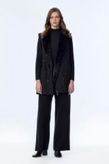 Peluş Yaka Bağcık Detaylı Üçlü Kombin Siyah Takım TK-1655