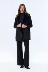 Peluş Yaka Bağcık Detaylı Üçlü Kombin Siyah Takım TK-1655