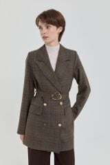 (252CK4110NH.1) Nihan Kuşaklı Ekose Kruvaze Ceket Kahve