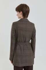 (252CK4110NH.1) Nihan Kuşaklı Ekose Kruvaze Ceket Kahve