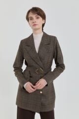 (252CK4110NH.1) Nihan Kuşaklı Ekose Kruvaze Ceket Kahve