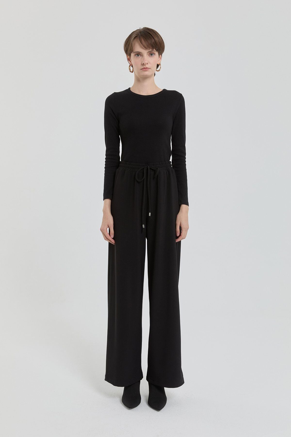 252PA4262NH.1) Örme Beli Lastikli Bol Paça Pantolon Siyah