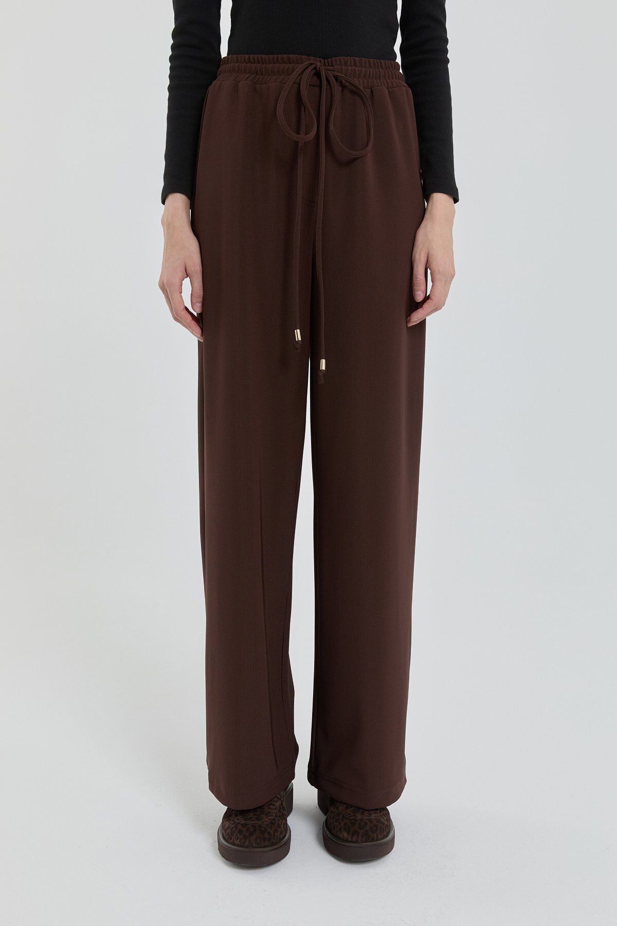 (252PA4262NH.1) Örme Beli Lastikli Bol Paça Pantolon Kahve