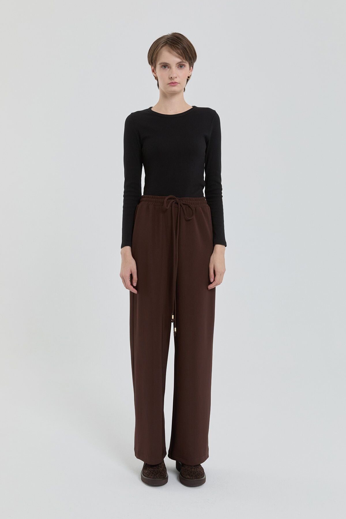 (252PA4262NH.1) Örme Beli Lastikli Bol Paça Pantolon Kahve