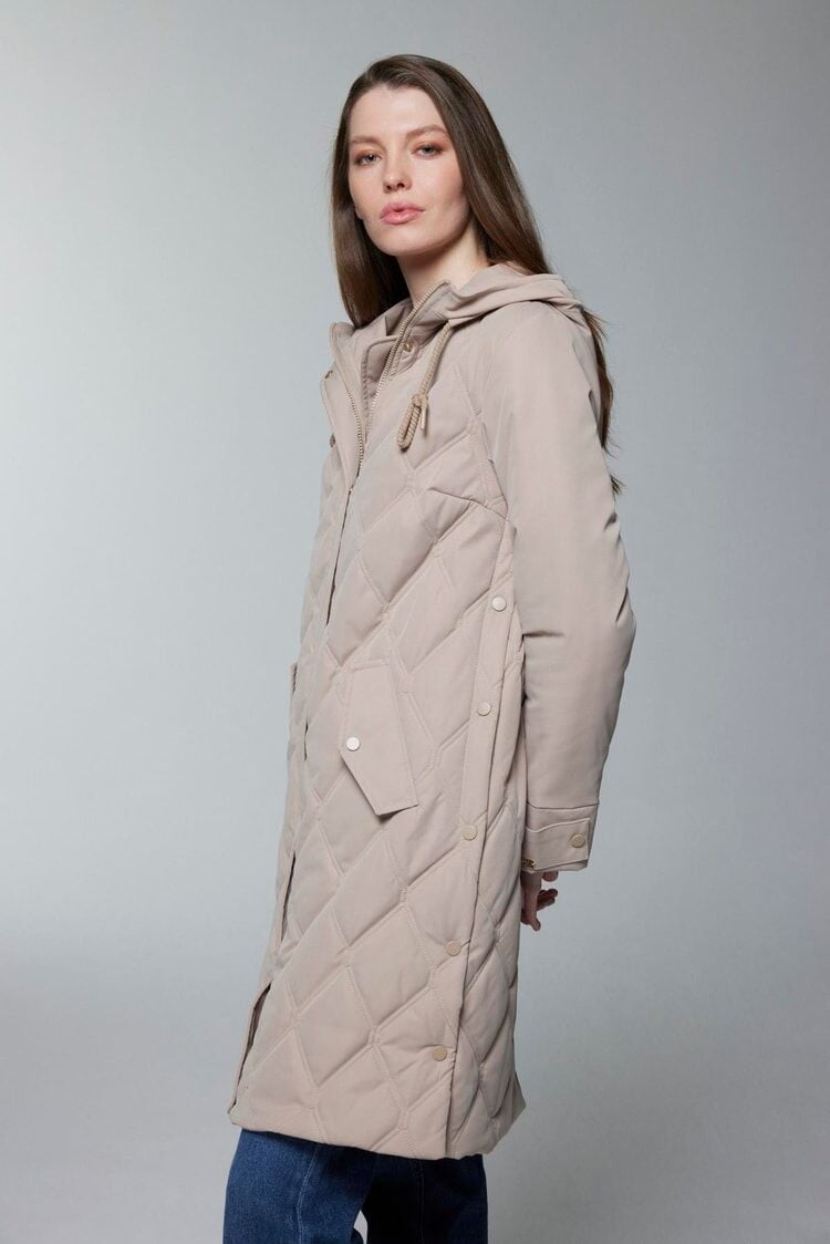 Kapüşonlu Fermuar Detaylı Kapitone Camel Mont 13948