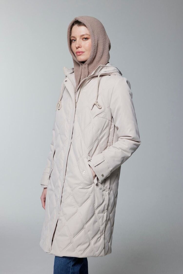 Kapüşonlu Fermuar Detaylı Kapitone Taş Mont 13948