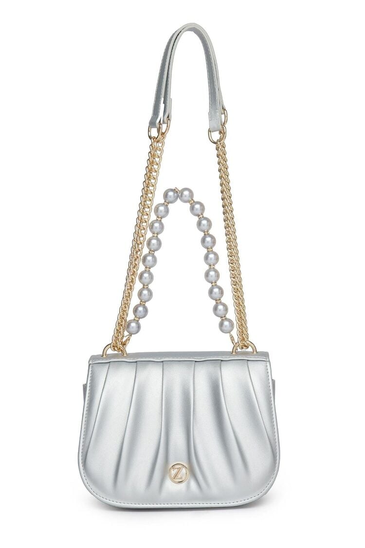 Zincir Askılı Boncuk Detaylı Gümüş El ve Omuz Çantası Z0030