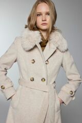 Yaka Kürk Detaylı Bej Kaşe Kaban 13112