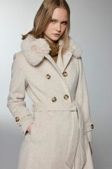 Yaka Kürk Detaylı Bej Kaşe Kaban 13112