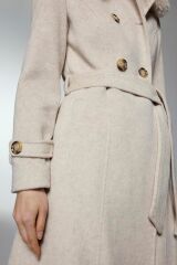 Yaka Kürk Detaylı Bej Kaşe Kaban 13112