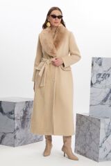 Düğmeli ve Kuşaklı Kürk Detaylı Bej Kaban 12358