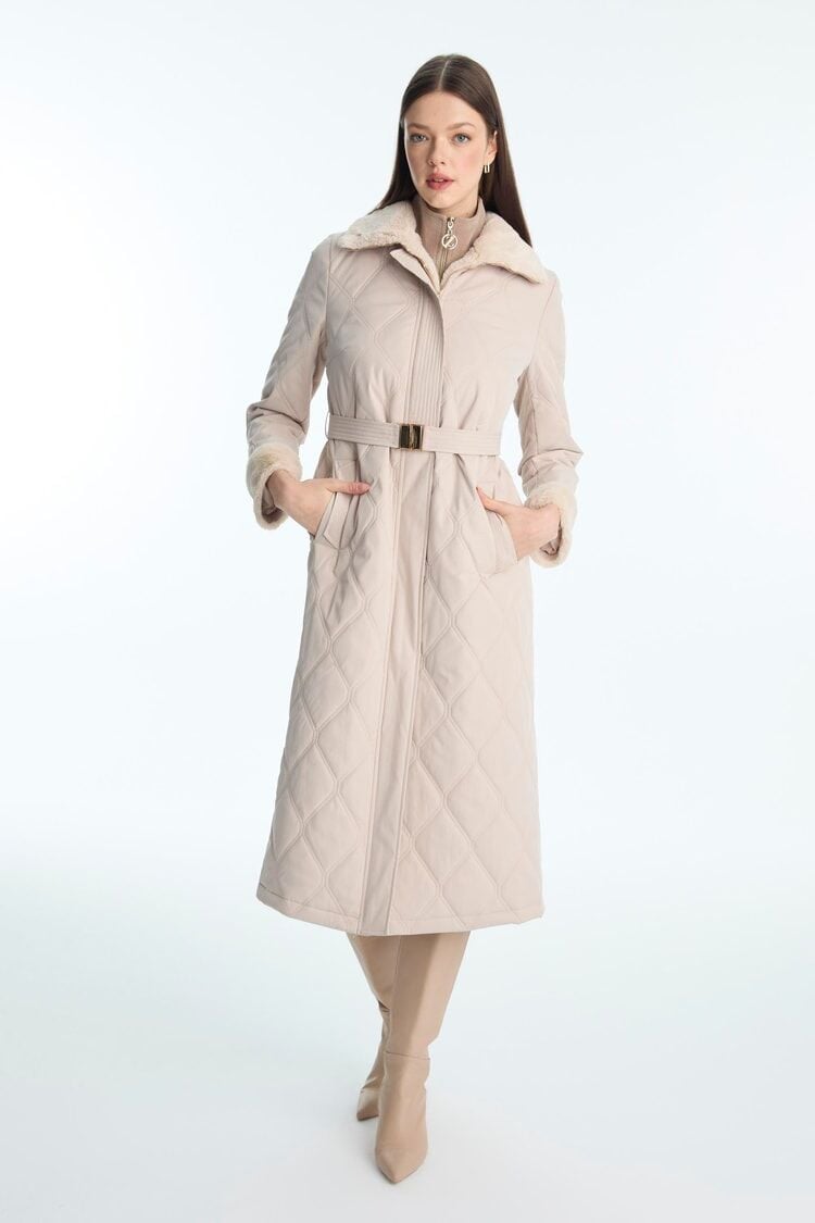 Peluş Yaka ve Kol Detaylı Camel Kapitone Mont 13960