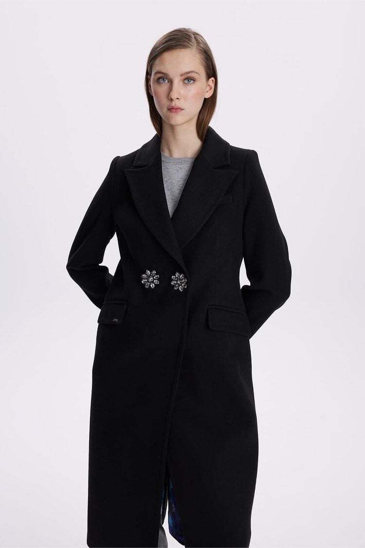 Kruvaze Yaka Broş Detaylı Siyah Kaşe Kaban 13602