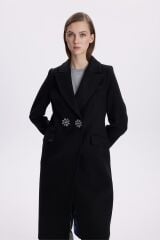 Kruvaze Yaka Broş Detaylı Siyah Kaşe Kaban 13602