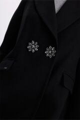 Kruvaze Yaka Broş Detaylı Siyah Kaşe Kaban 13602