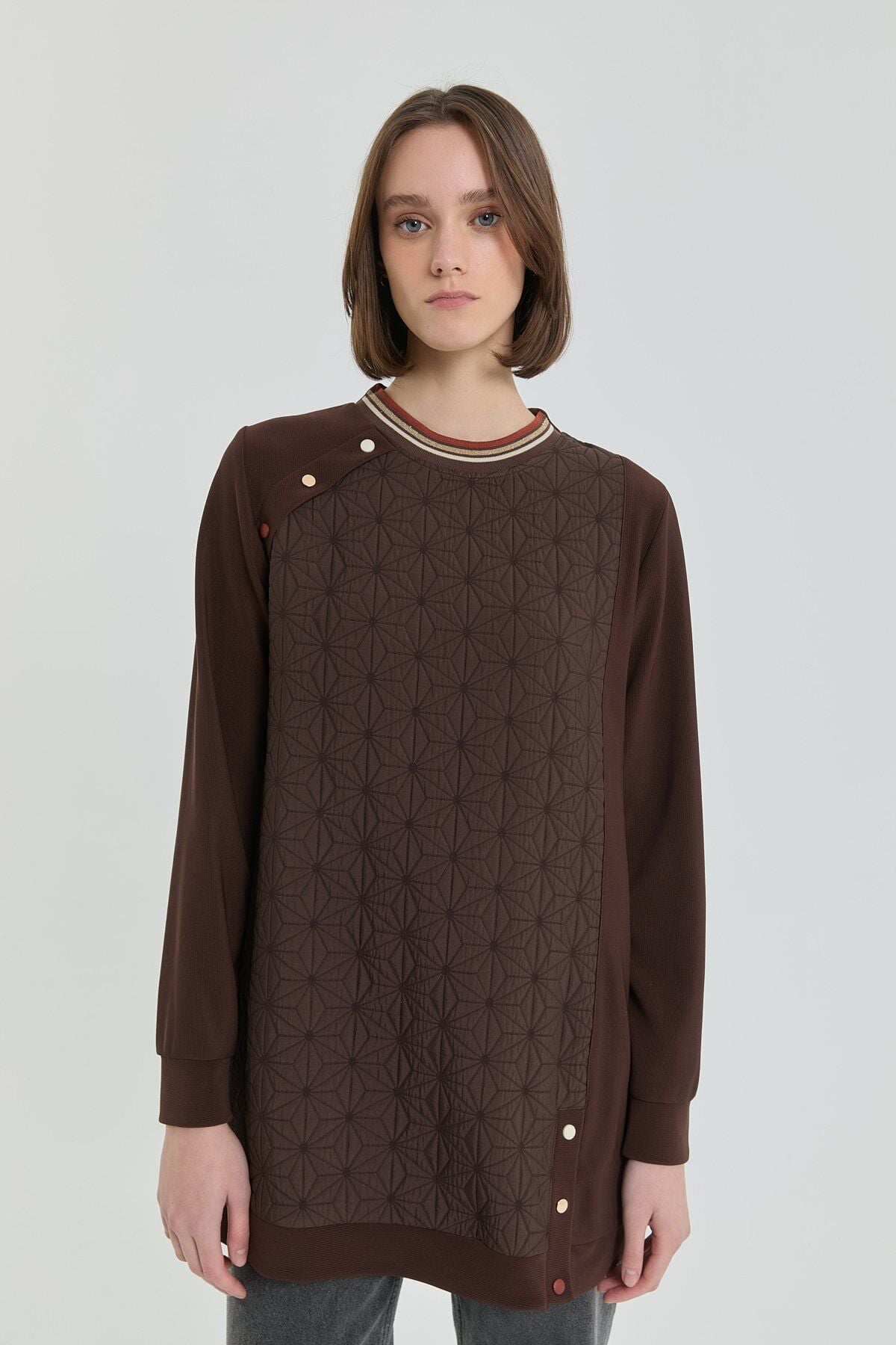 (252SW4219NH.1) İnce Kapitone Ribanalı Sweat Kahve