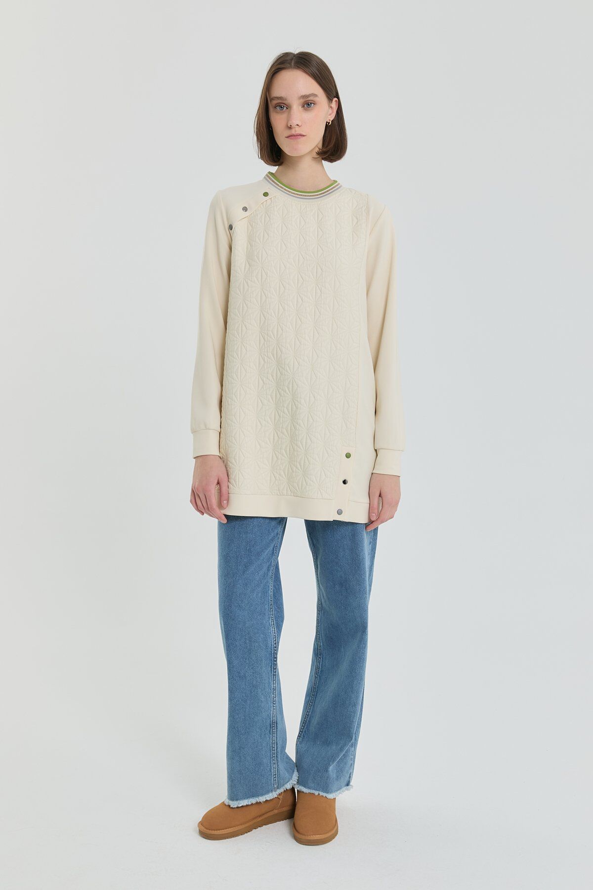 252SW4219NH.1) İnce Kapitone Ribanalı Sweat Ekru