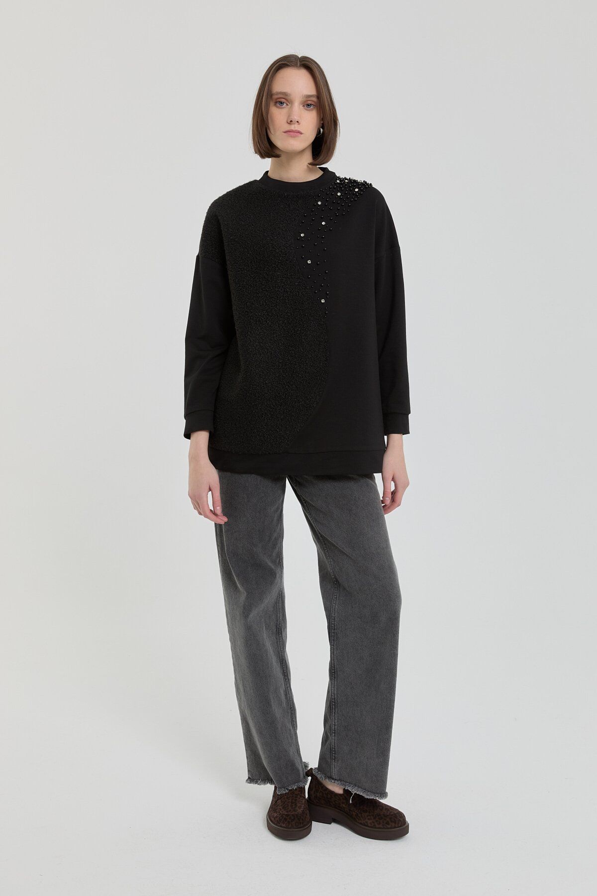 (252SW4267NH.1) Peluş ve Taş Detaylı Sweat Siyah