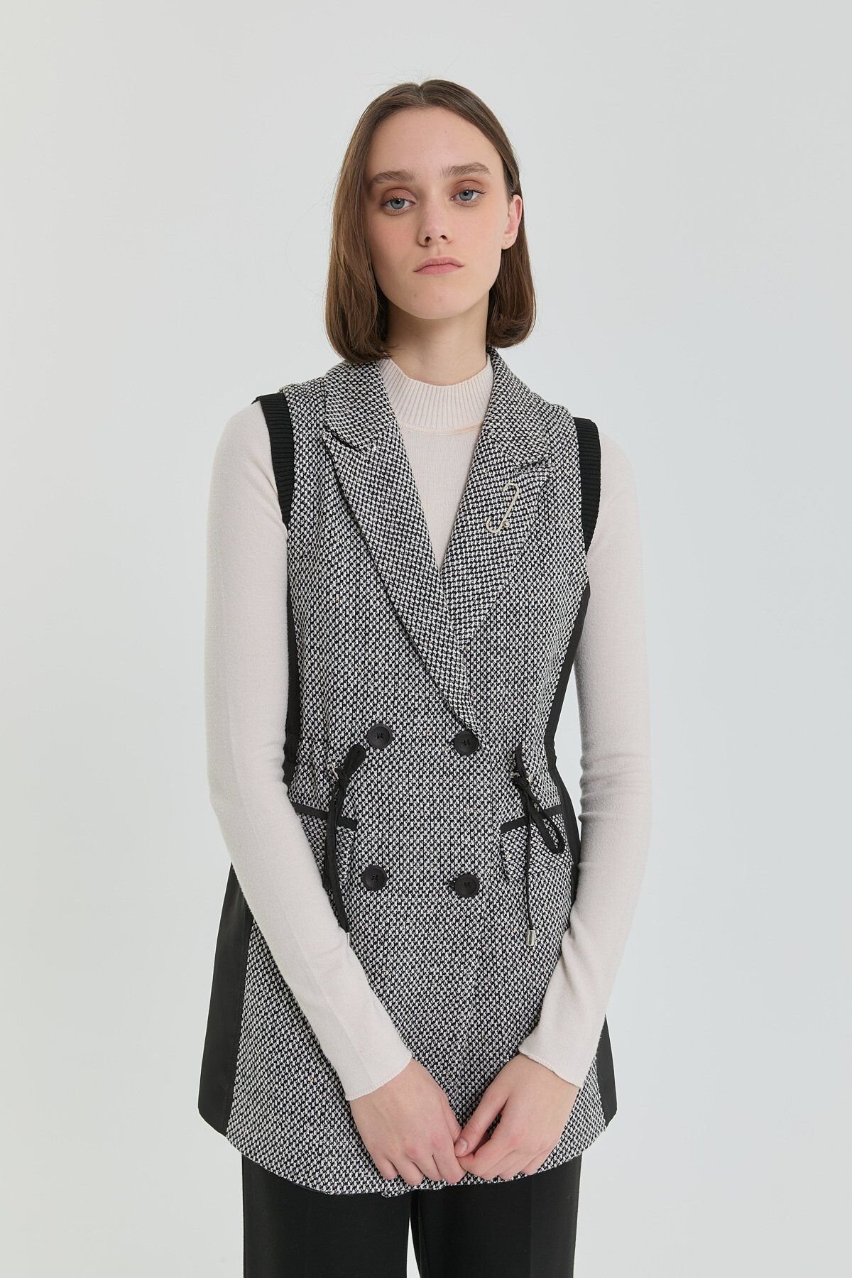 (252YE5066NH.1)Ribana Detaylı Kruvaze Yelek Siyah