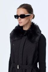 Kürk Yaka Kemerli Siyah Yelek Y-0098