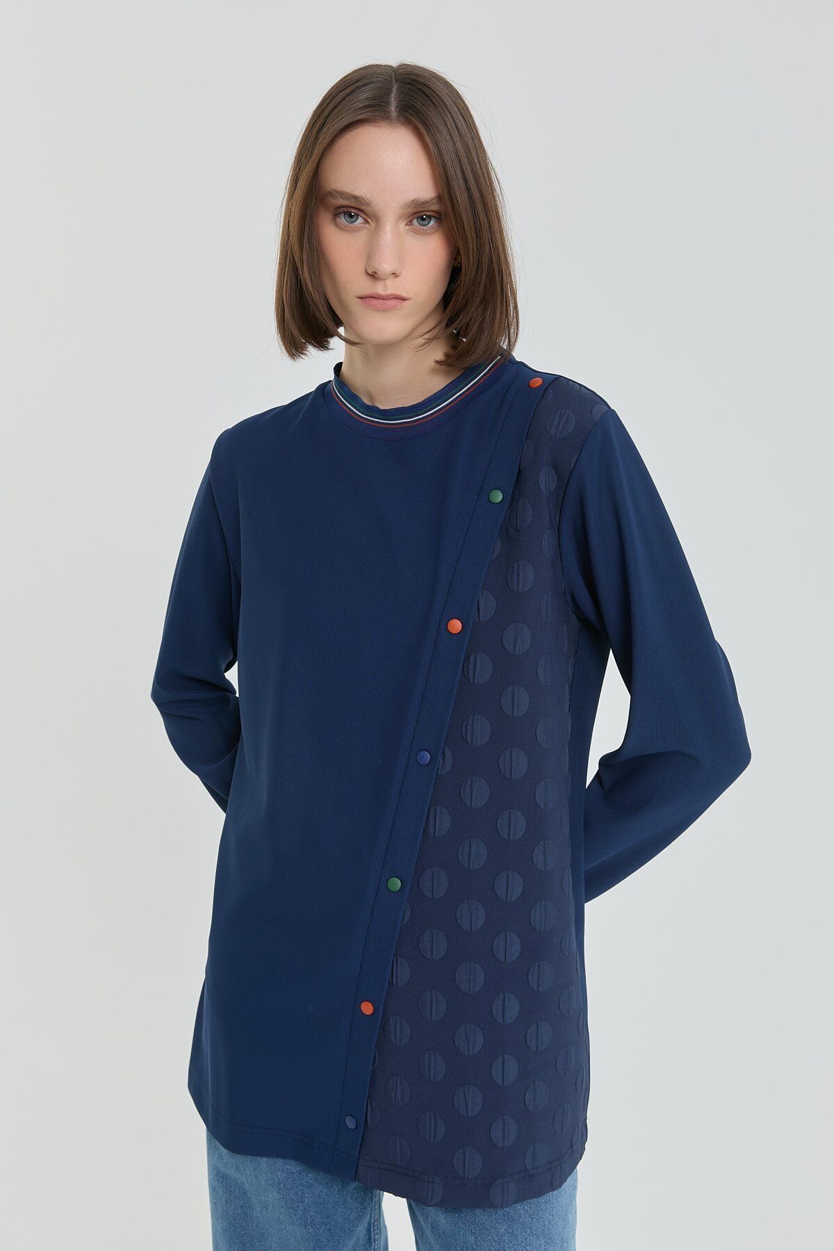 (252TN4254NH.1)Ribana Detaylı Örme Tunik Lacivert