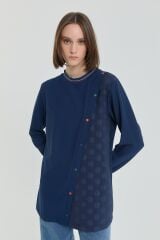 (252TN4254NH.1)Ribana Detaylı Örme Tunik Lacivert