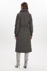 Yakası Kürk ve Kemer Detaylı Füme Şişme Mont 12764