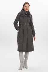 Yakası Kürk ve Kemer Detaylı Füme Şişme Mont 12764