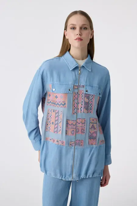 Etnik Desenli Fermuarlı Oversize Mavi Takım 1788