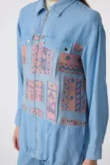 Etnik Desenli Fermuarlı Oversize Mavi Takım 1788