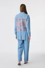 Etnik Desenli Fermuarlı Oversize Mavi Takım 1788