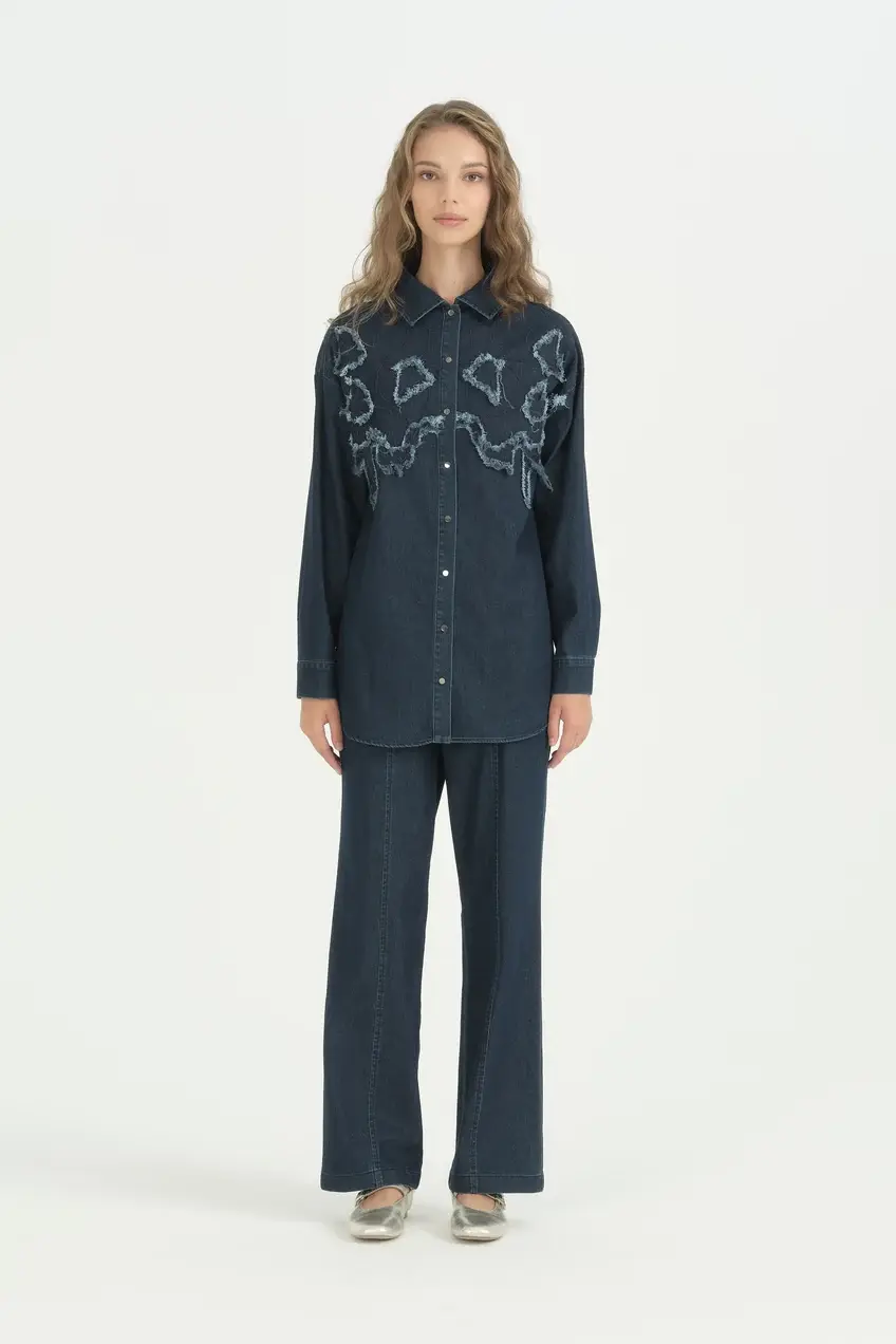 Aplike Nakış Detaylı Denim Kumaş Spor Pamuklu Takım - İndigo 262TK4136NH.1-07-02