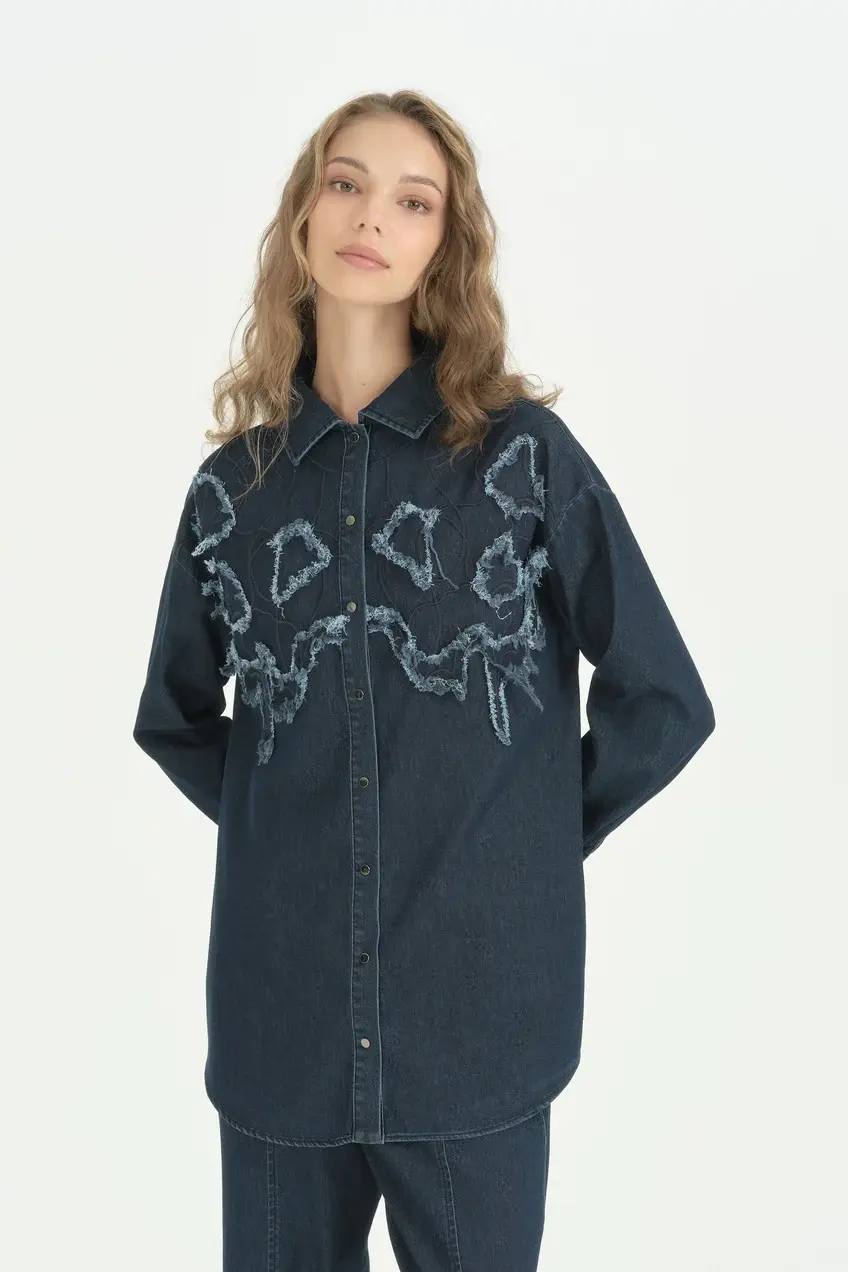 Aplike Nakış Detaylı Denim Kumaş Spor Pamuklu Takım - İndigo 262TK4136NH.1-07-02